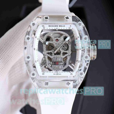 Swiss Replica Richard Mille RM052 Skull Tourbillon 50mm Transparent Case with Diamonds